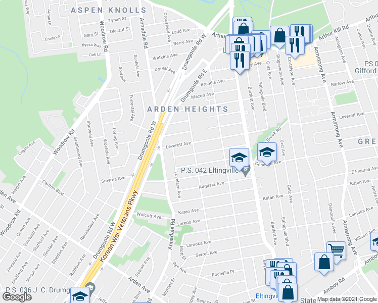 map of restaurants, bars, coffee shops, grocery stores, and more near 784 Leverett Avenue in Staten Island