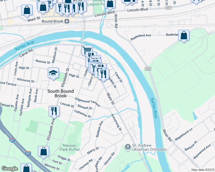 map of restaurants, bars, coffee shops, grocery stores, and more near 89 Main Street in South Bound Brook