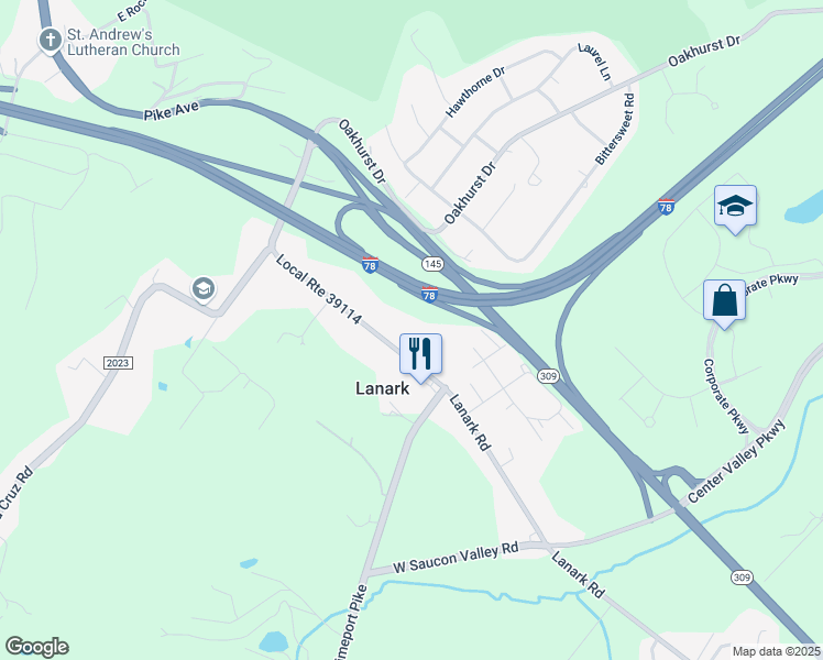 map of restaurants, bars, coffee shops, grocery stores, and more near 3475 Lanark Road in Coopersburg