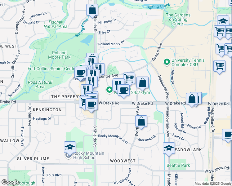 map of restaurants, bars, coffee shops, grocery stores, and more near 902 Worthington Circle in Fort Collins