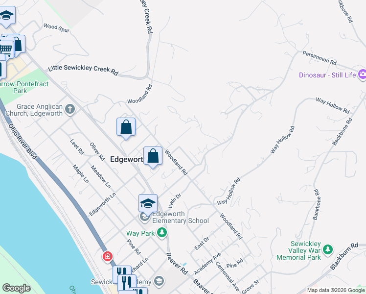 map of restaurants, bars, coffee shops, grocery stores, and more near 608 Poia Road in Sewickley