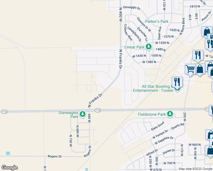 map of restaurants, bars, coffee shops, grocery stores, and more near 1241 North Lexington Greens Drive in Tooele