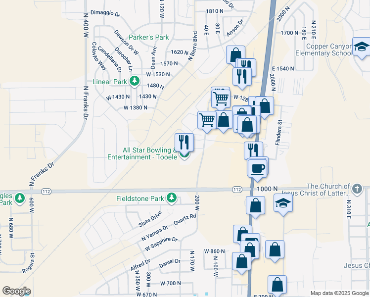 map of restaurants, bars, coffee shops, grocery stores, and more near West 1160 North in Tooele