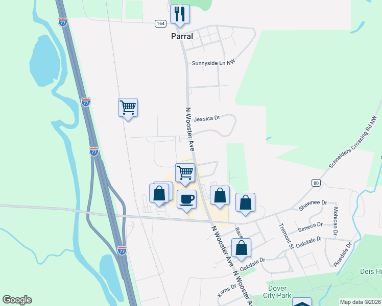 map of restaurants, bars, coffee shops, grocery stores, and more near 3034-3038 North Wooster Avenue in Dover