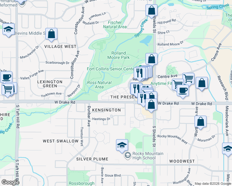 map of restaurants, bars, coffee shops, grocery stores, and more near 1212 Raintree Drive in Fort Collins