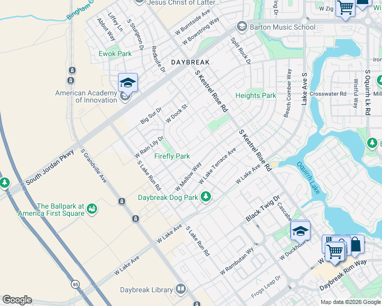map of restaurants, bars, coffee shops, grocery stores, and more near 5193 West Split Rock Drive in South Jordan