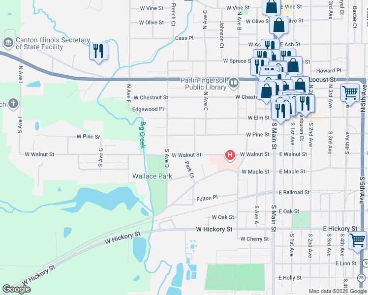 map of restaurants, bars, coffee shops, grocery stores, and more near 320-398 West Pine Street in Canton