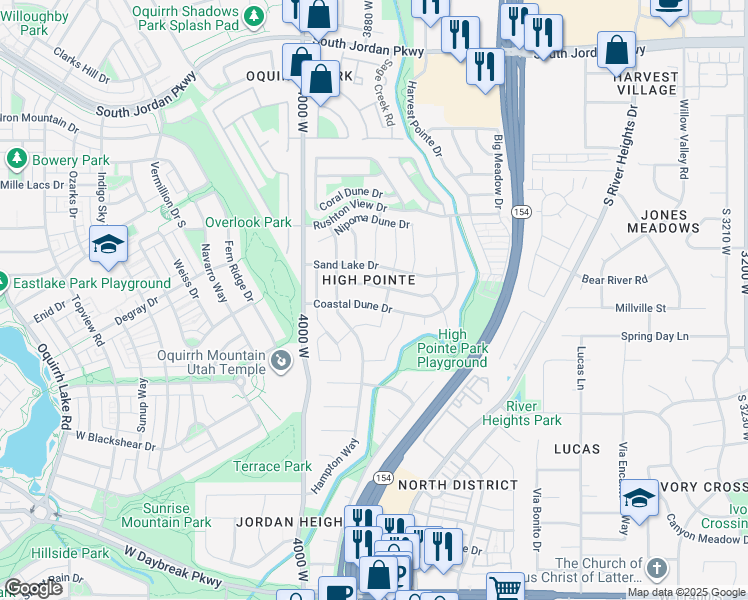 map of restaurants, bars, coffee shops, grocery stores, and more near 3856 Coastal Dune Drive in South Jordan