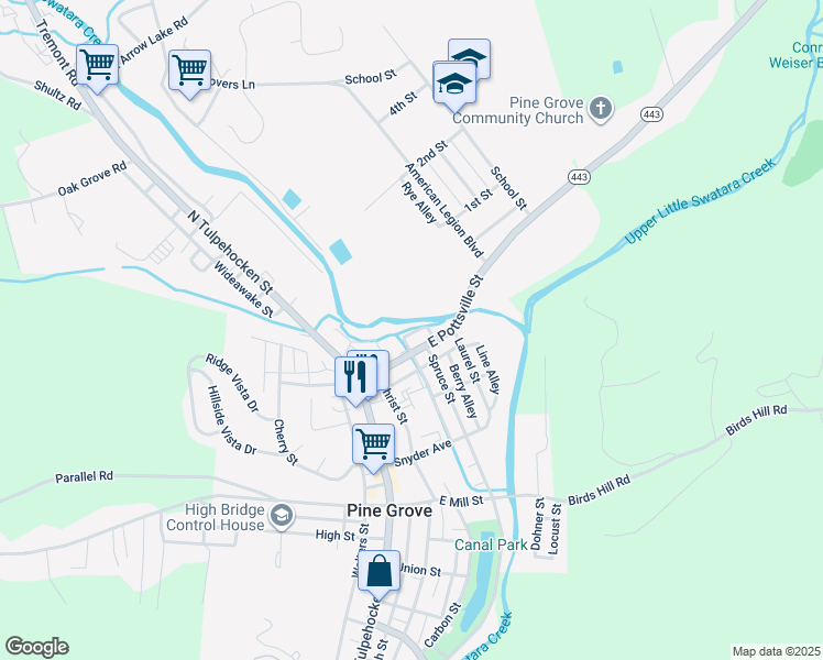 map of restaurants, bars, coffee shops, grocery stores, and more near 43 East Pottsville Street in Pine Grove