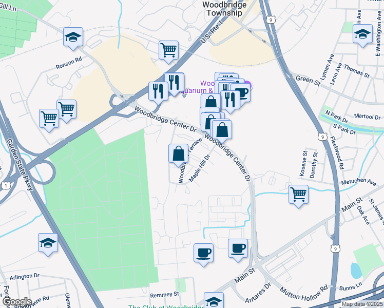map of restaurants, bars, coffee shops, grocery stores, and more near 82 Beverly Hill Terrace in Woodbridge Township