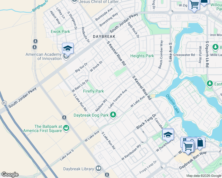 map of restaurants, bars, coffee shops, grocery stores, and more near 5126 West Mellow Way in South Jordan