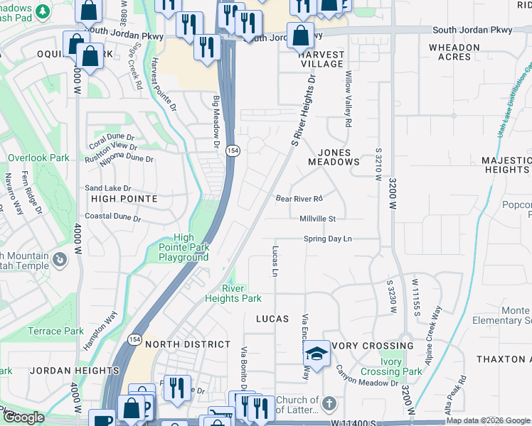 map of restaurants, bars, coffee shops, grocery stores, and more near 3518 Caribou Circle in South Jordan