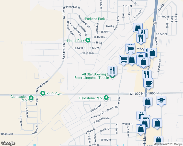 map of restaurants, bars, coffee shops, grocery stores, and more near 291 Crescent View Lane in Tooele