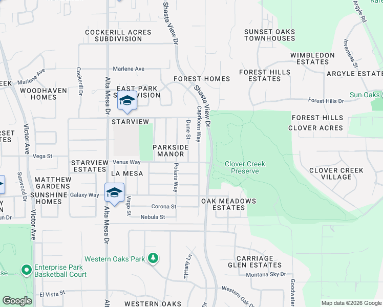 map of restaurants, bars, coffee shops, grocery stores, and more near 3653 Dune Street in Redding