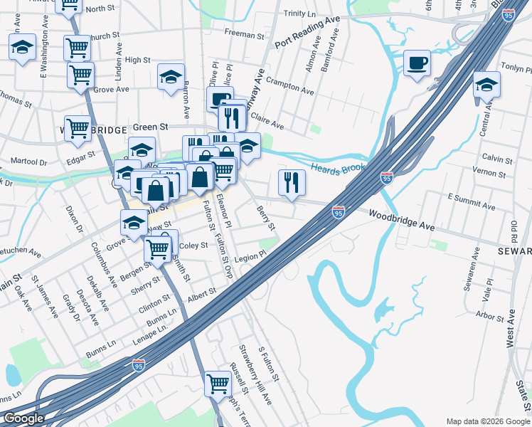 map of restaurants, bars, coffee shops, grocery stores, and more near 7 Rector Avenue in Woodbridge Township
