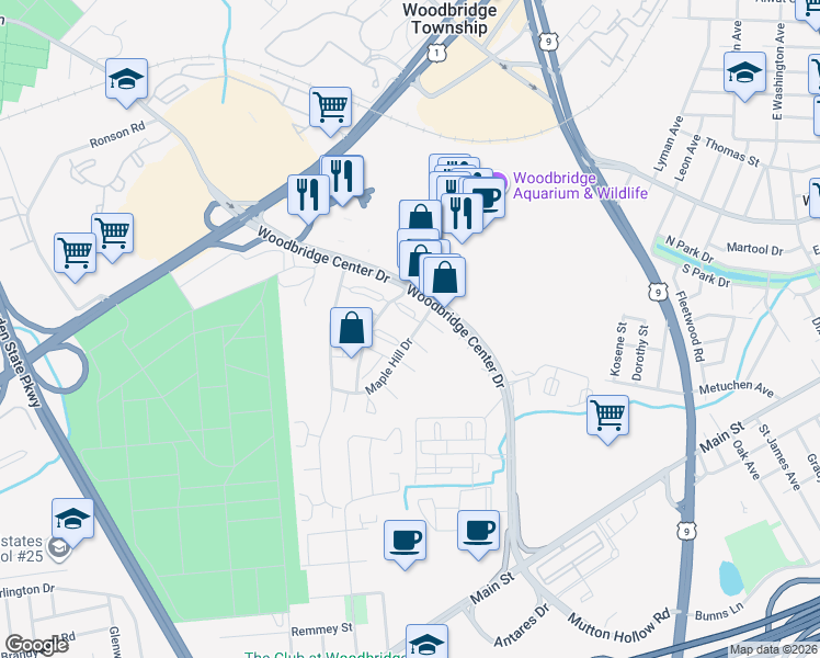 map of restaurants, bars, coffee shops, grocery stores, and more near 133 Woodbridge Terrace in Woodbridge Township