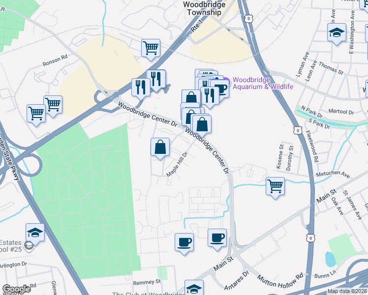 map of restaurants, bars, coffee shops, grocery stores, and more near 133 Woodbridge Terrace in Woodbridge Township