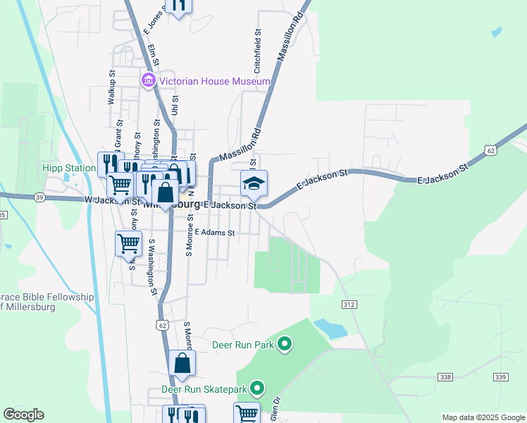 map of restaurants, bars, coffee shops, grocery stores, and more near 441 East Jackson Street in Millersburg