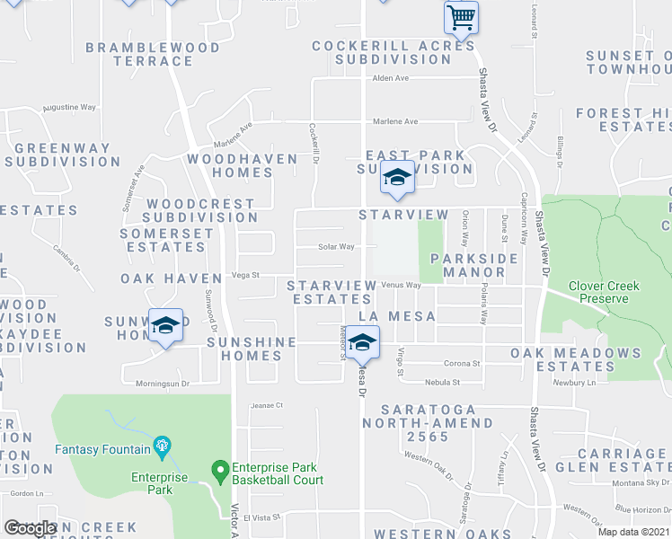 map of restaurants, bars, coffee shops, grocery stores, and more near 2139 Neptune Terrace in Redding