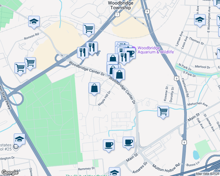 map of restaurants, bars, coffee shops, grocery stores, and more near 133 Woodbridge Terrace in Woodbridge Township