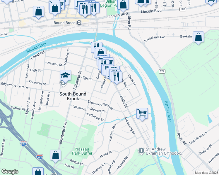 map of restaurants, bars, coffee shops, grocery stores, and more near 114 West warren Street in South Bound Brook