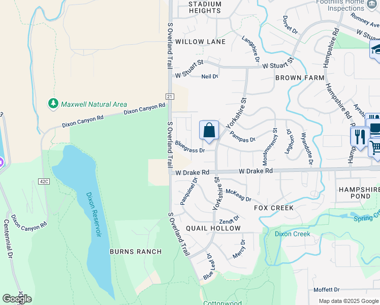 map of restaurants, bars, coffee shops, grocery stores, and more near 2505 Downs Way in Fort Collins