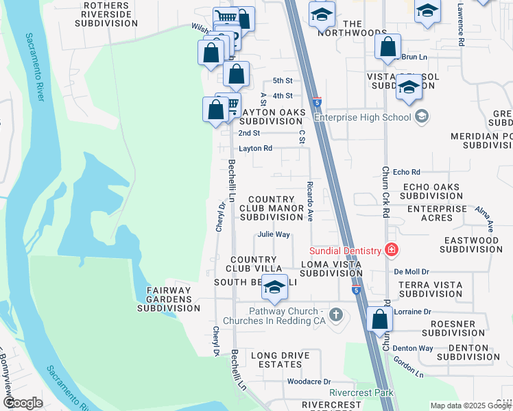 map of restaurants, bars, coffee shops, grocery stores, and more near 581 Terrace Drive in Redding