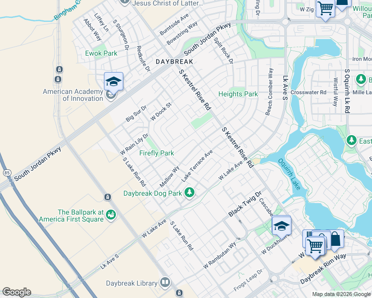 map of restaurants, bars, coffee shops, grocery stores, and more near 5126 West Mellow Way in South Jordan