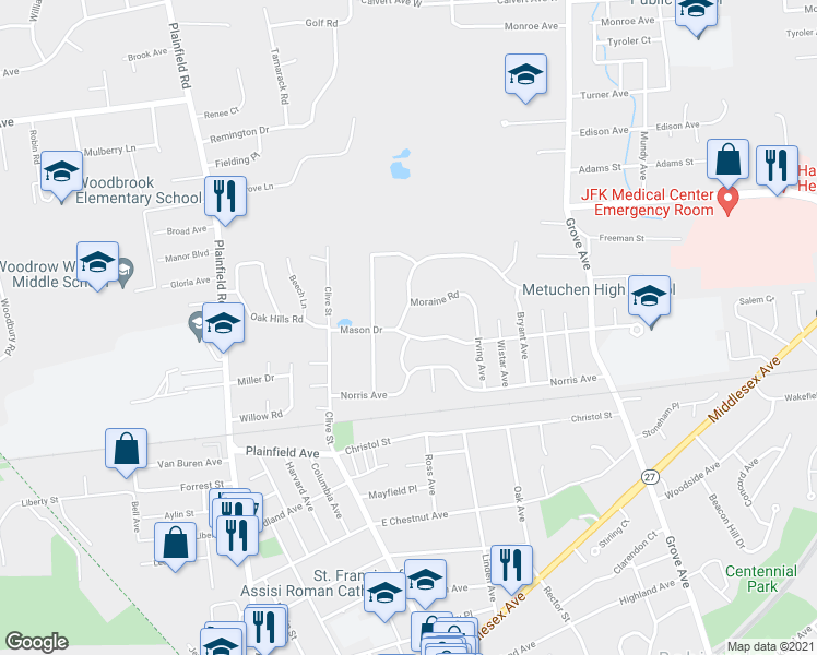 map of restaurants, bars, coffee shops, grocery stores, and more near 2 Clive Hills Road in Edison