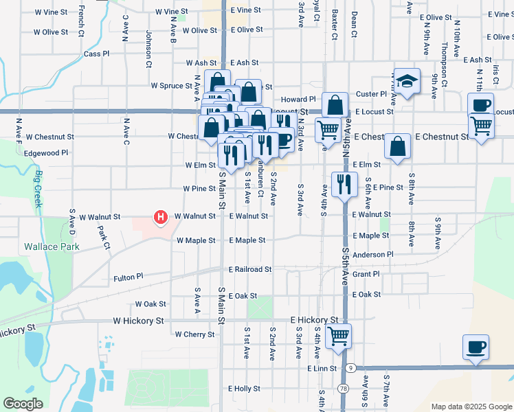 map of restaurants, bars, coffee shops, grocery stores, and more near 129 South 1st Avenue in Canton