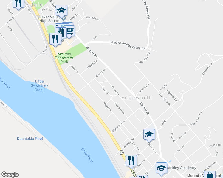 map of restaurants, bars, coffee shops, grocery stores, and more near 439 Oliver Road in Sewickley
