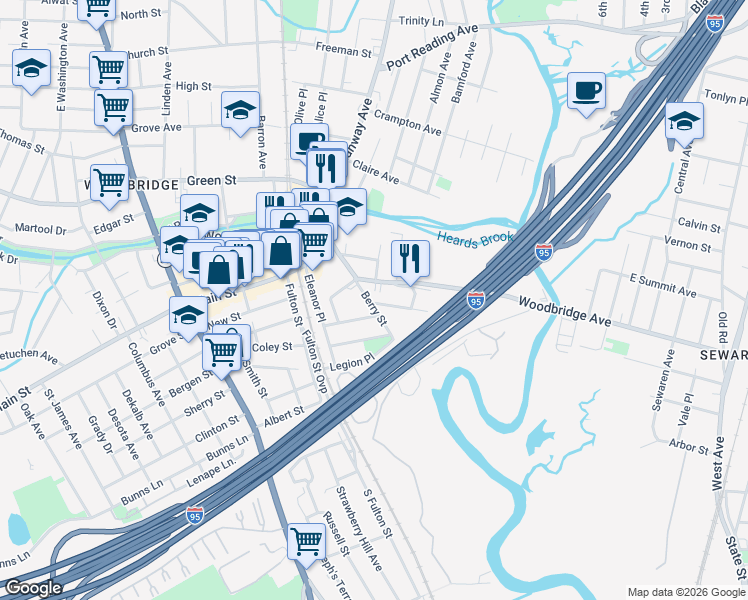 map of restaurants, bars, coffee shops, grocery stores, and more near 7 Rector Avenue in Woodbridge Township