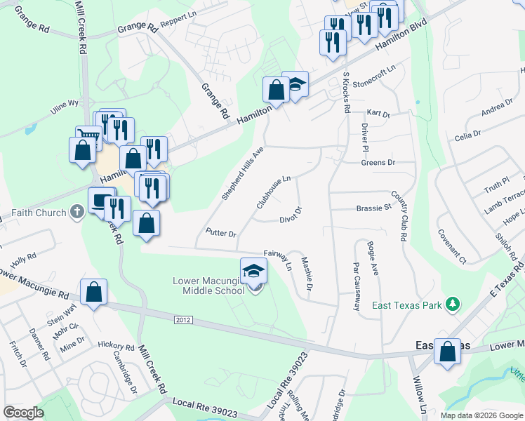map of restaurants, bars, coffee shops, grocery stores, and more near 6045 Clubhouse Lane in Wescosville