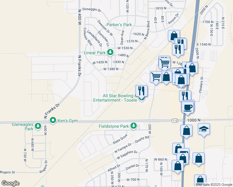 map of restaurants, bars, coffee shops, grocery stores, and more near 1206 North Berra Boulevard in Tooele