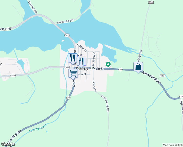 map of restaurants, bars, coffee shops, grocery stores, and more near 10 South Liberty Street in Dellroy