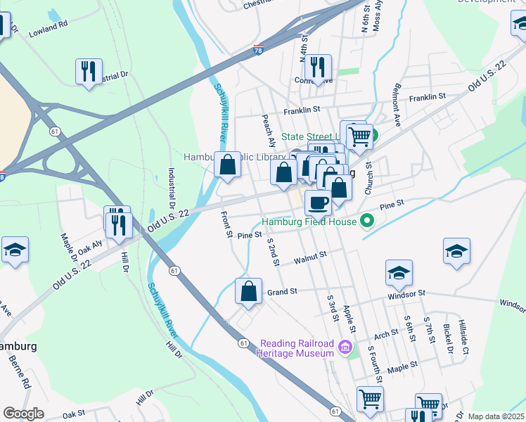 map of restaurants, bars, coffee shops, grocery stores, and more near 201 Washington Street in Hamburg