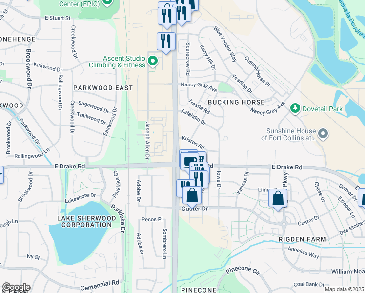 map of restaurants, bars, coffee shops, grocery stores, and more near 2133 Krisron Road in Fort Collins