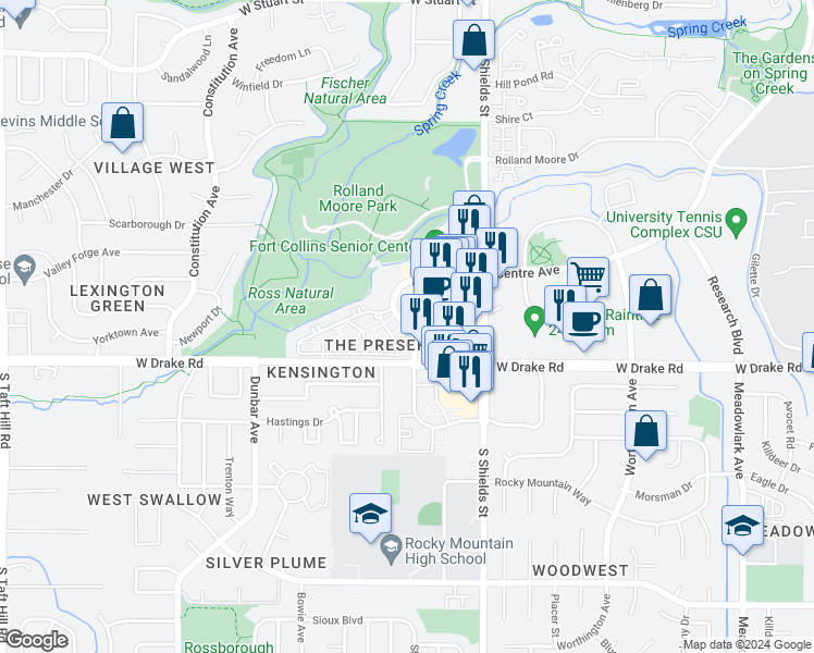 map of restaurants, bars, coffee shops, grocery stores, and more near 2564 Raintree Drive in Fort Collins