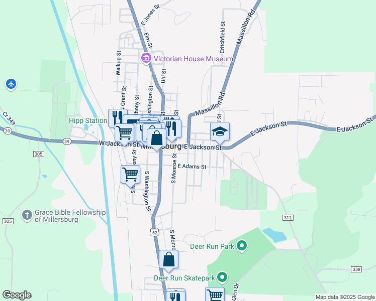 map of restaurants, bars, coffee shops, grocery stores, and more near 209 East Jackson Street in Millersburg