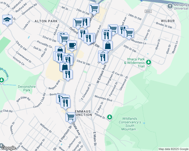 map of restaurants, bars, coffee shops, grocery stores, and more near 3328 Capital Street in Allentown