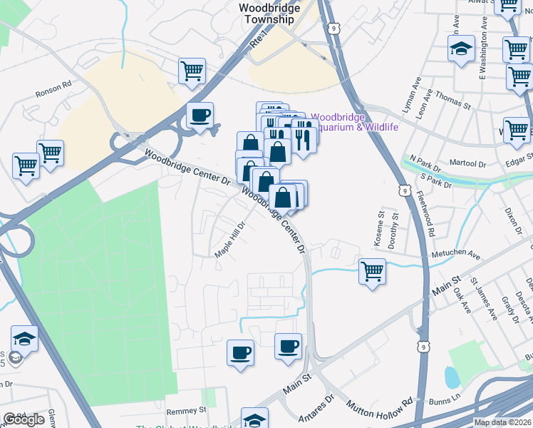 map of restaurants, bars, coffee shops, grocery stores, and more near 103 Maple Hill Drive in Woodbridge Township