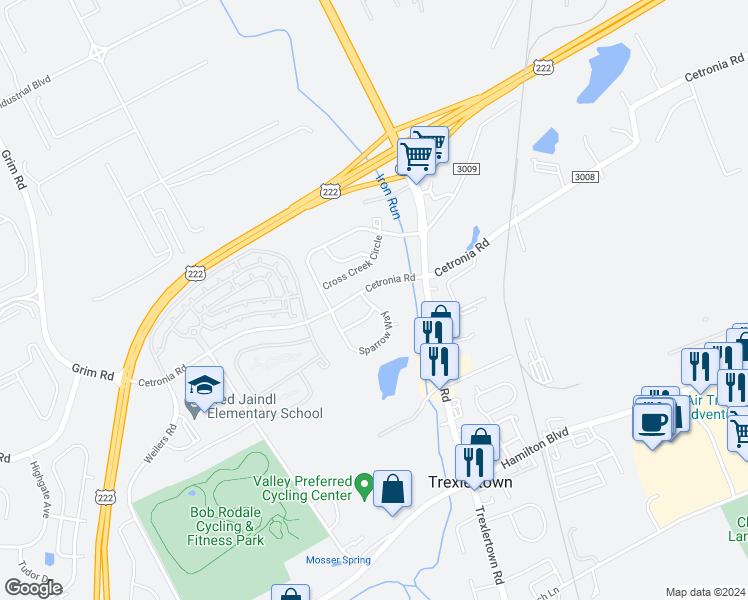 map of restaurants, bars, coffee shops, grocery stores, and more near 1004 Sparrow Way in Breinigsville