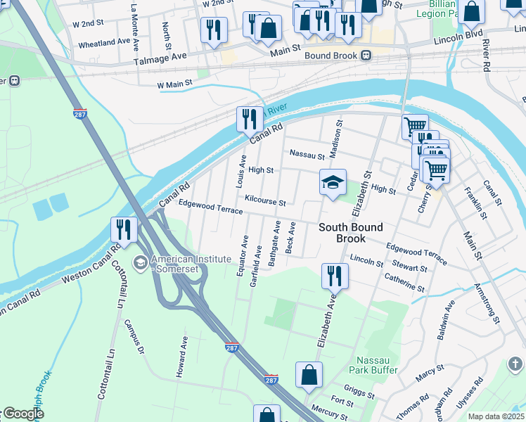 map of restaurants, bars, coffee shops, grocery stores, and more near 258 Edgewood Terrace in South Bound Brook