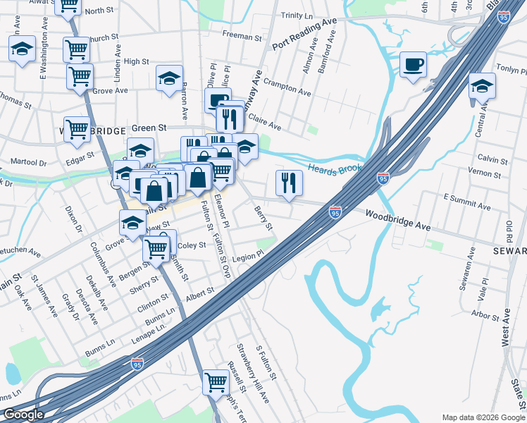 map of restaurants, bars, coffee shops, grocery stores, and more near 7 Rector Avenue in Woodbridge Township