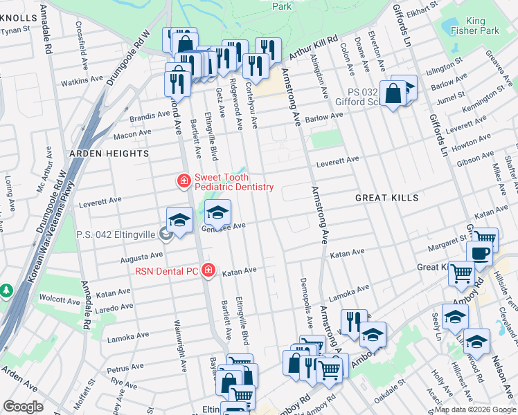 map of restaurants, bars, coffee shops, grocery stores, and more near 265 Ridgewood Avenue in Staten Island