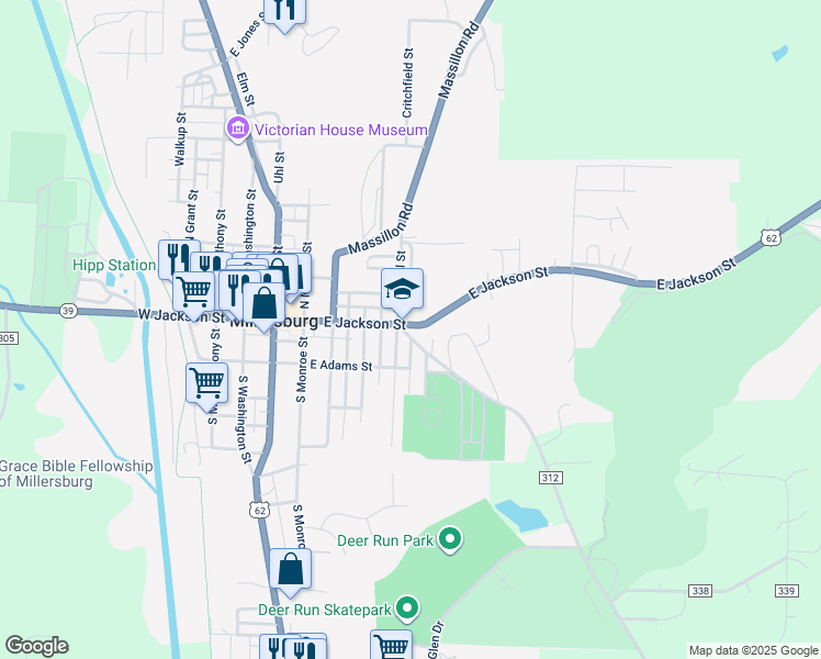 map of restaurants, bars, coffee shops, grocery stores, and more near 441 East Jackson Street in Millersburg