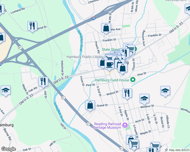 map of restaurants, bars, coffee shops, grocery stores, and more near 201 Washington Street in Hamburg