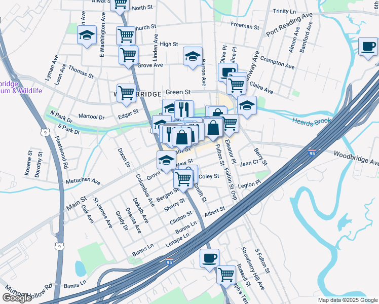 map of restaurants, bars, coffee shops, grocery stores, and more near 91 Main Street in Woodbridge Township