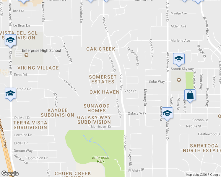 map of restaurants, bars, coffee shops, grocery stores, and more near 1730 Vega Street in Redding