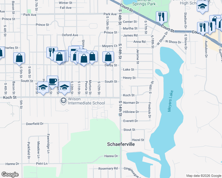 map of restaurants, bars, coffee shops, grocery stores, and more near 1411 Black Street in Pekin